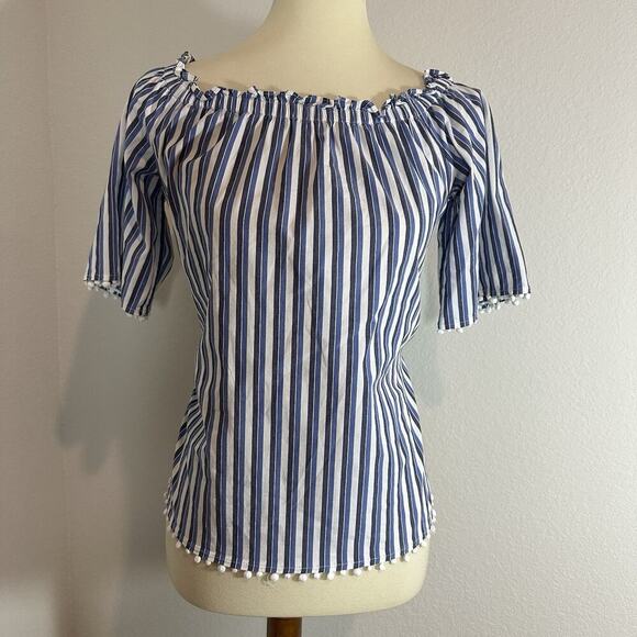 Trina Turk Small Top Sleeveless Blouse Blue Striped Preppy Coastal Poms Coastal - Picture 4 of 12